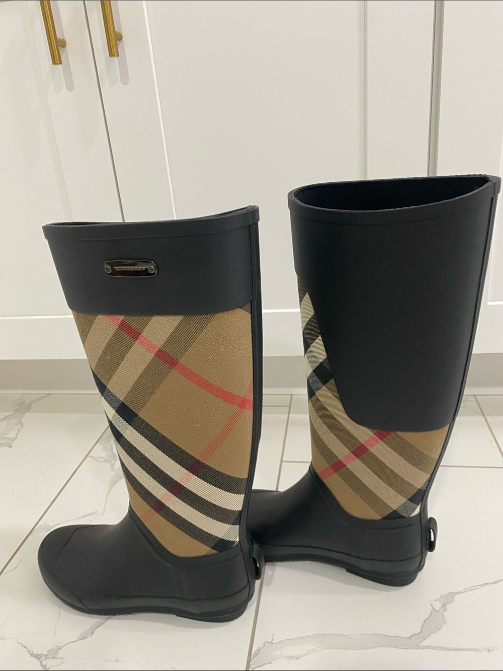 Burberry Black and Tan Check Tall Rain Boots - Picture 4 of 6